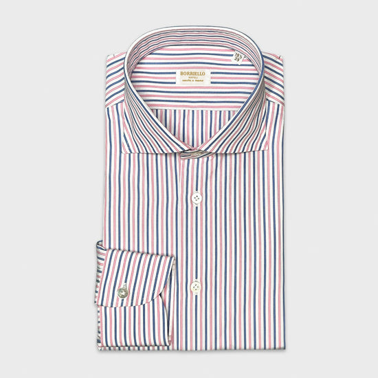 Thomas Mason Shirt Fabric Pink Multi Coloured Striped. Pink and denim blue classic coloured striped shirt made with Thomas Mason fabric yarn-dyed in popeline cotton. Handmade shirt by Borriello Napoli exclusive for Wools Boutique Uomo, easy to match with many classic ties and jackets