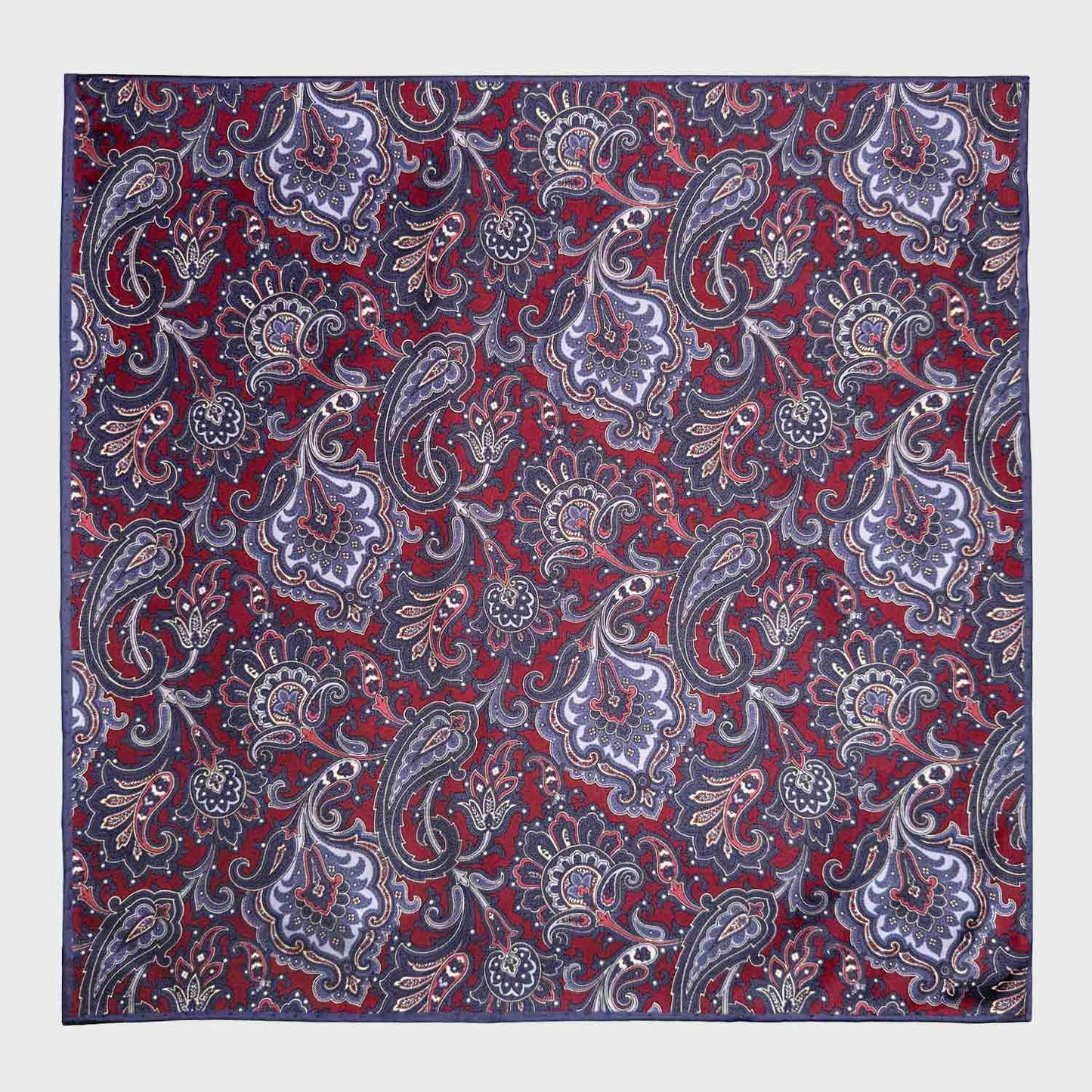 Burgundy Silk Pocket Square Floral Pattern. Classic burgundy pocket square, made with soft silk and with rolled edge, burgundy red background with denim blue and white floral pattern, F.Marino Napoli exclusive for Wools Boutique Uomo