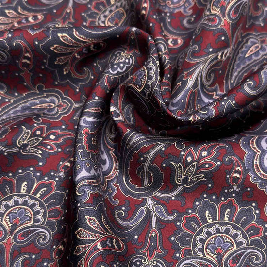 Burgundy Silk Pocket Square Floral Pattern. Classic burgundy pocket square, made with soft silk and with rolled edge, burgundy red background with denim blue and white floral pattern