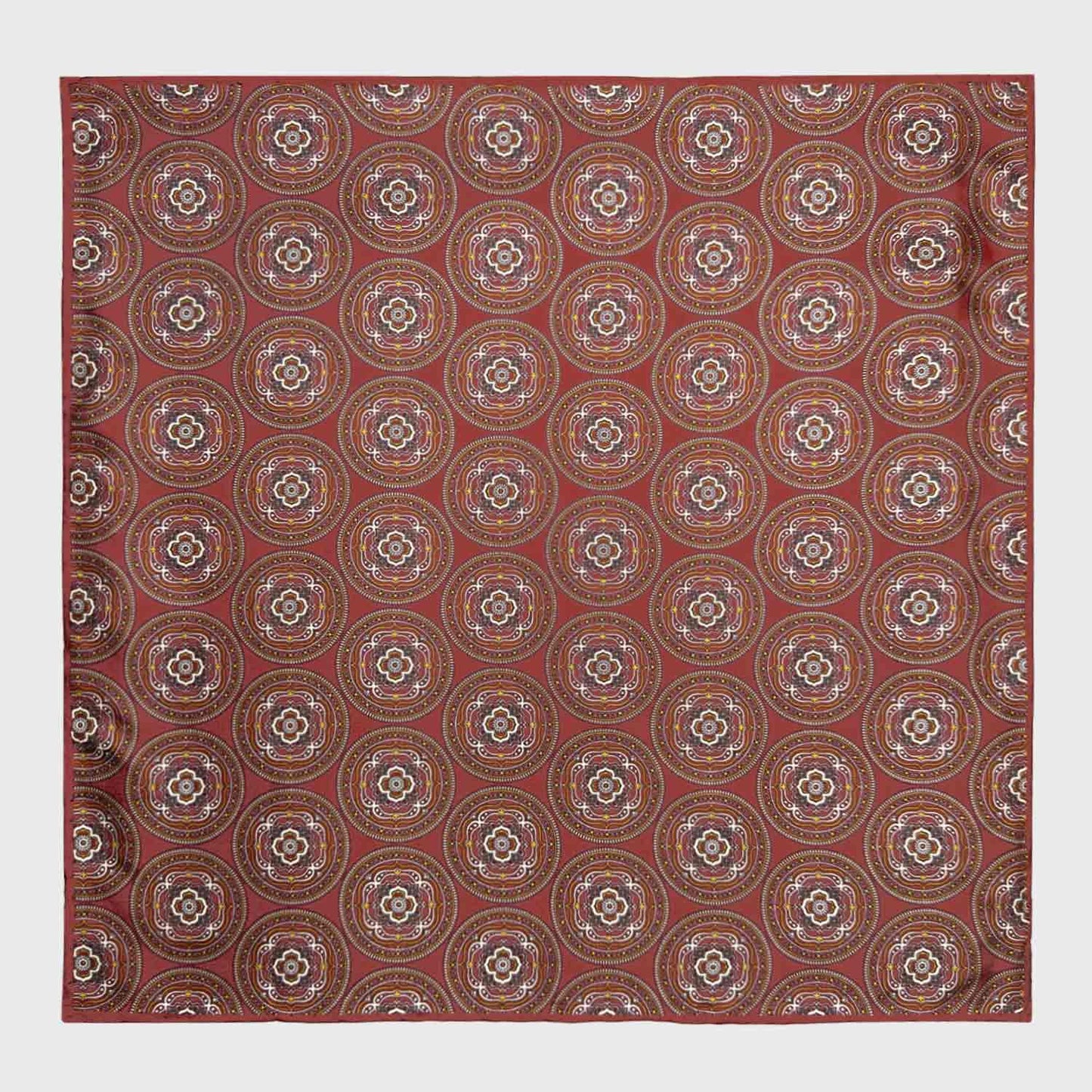 Copper Brown Silk Pocket Square Mandala Medallions. Men's pocket square made with soft silk and with rolled edge, copper brown background with yellow and white mandala medallions pattern, ideal for a refined men's outfit
