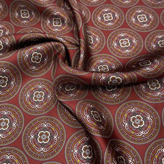 Copper Brown Silk Pocket Square Mandala Medallions. Men's pocket square made with soft silk and with rolled edge, copper brown background with yellow and white mandala medallions pattern
