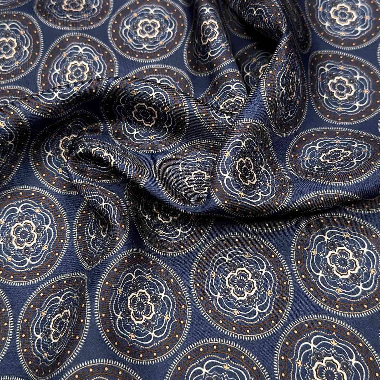 Denim Blue Silk Pocket Square Mandala Medallions. Elegant blue pochette made with soft silk and with rolled edge