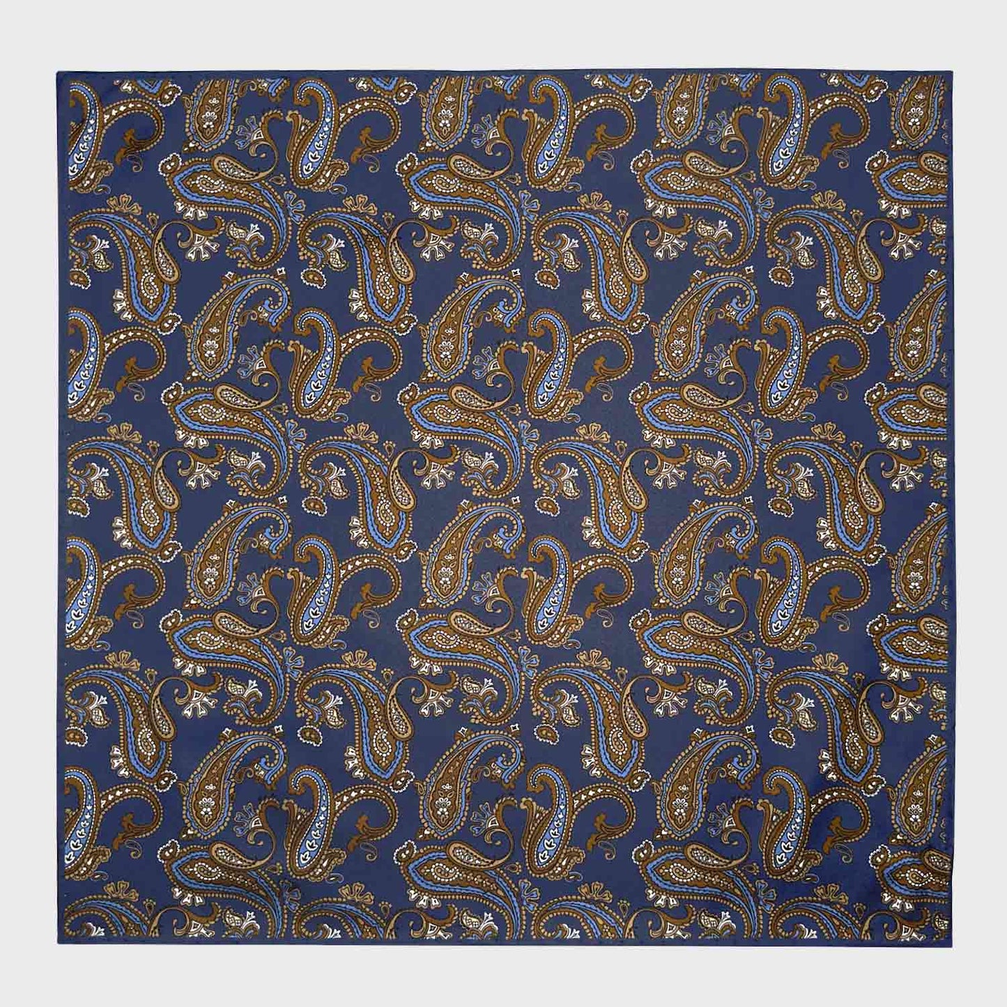 Pickled Bluewood Silk Pocket Square Paisley Pattern. Men's paisley pocket square made with soft silk and with rolled edge, pickled bluewood background with clay brown and white paisley pattern, ideal for a refined men's outfit