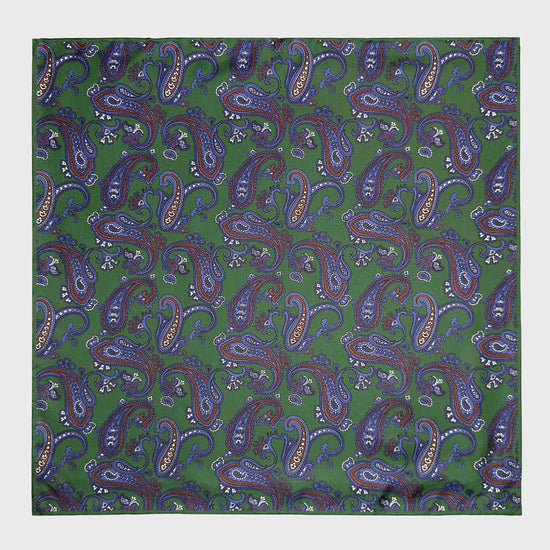 Load image into Gallery viewer, Grass Green Silk Pocket Square Paisley Pattern. Men&amp;#39;s paisley pocket square made with soft silk and with rolled edge, grass green background with coffee brown and denim blue paisley pattern, ideal for a refined men&amp;#39;s outfit
