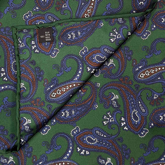 Grass Green Silk Pocket Square Paisley Pattern. Men's paisley pocket square made with soft silk and with rolled edge, grass green background with coffee brown and denim blue paisley pattern
