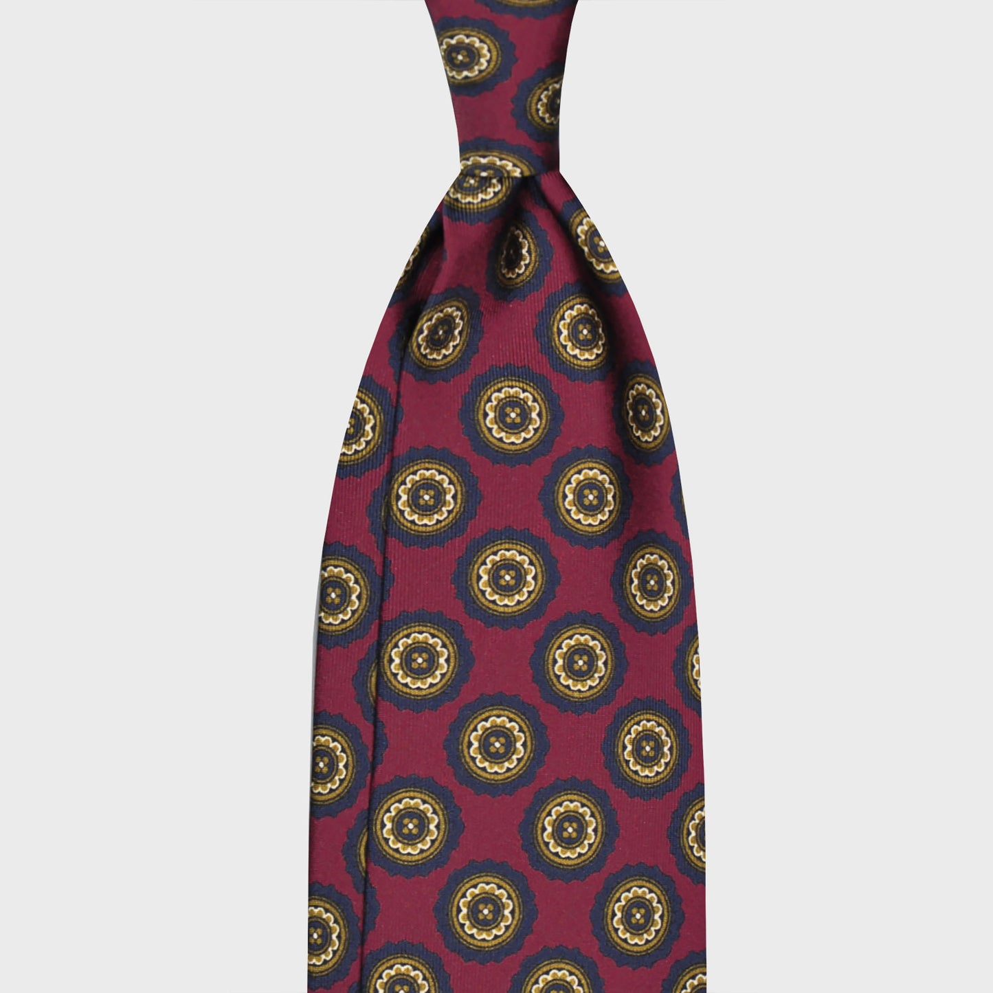 Load image into Gallery viewer, Burgundy Red Medallions Silk Tie. Men&amp;#39;s burgundy silk tie made with finest Italian silk soft to the touch, unlined tie 3 folds, refined medallions printed pattern navy blue and olive green, classic handmade tie F.Marino Napoli exclusive for Wools Boutique Uomo
