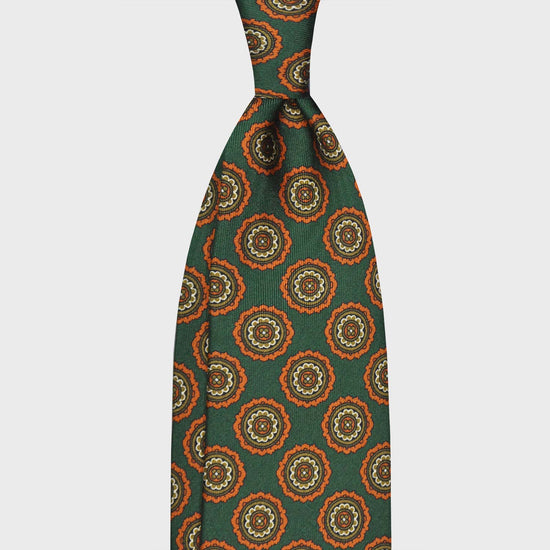 Load image into Gallery viewer, Green Medallions Silk Tie. Men&amp;#39;s green silk tie made with finest Italian silk soft to the touch, unlined tie 3 folds, refined medallions printed pattern olive green and orange, classic handmade tie F.Marino Napoli exclusive for Wools Boutique Uomo
