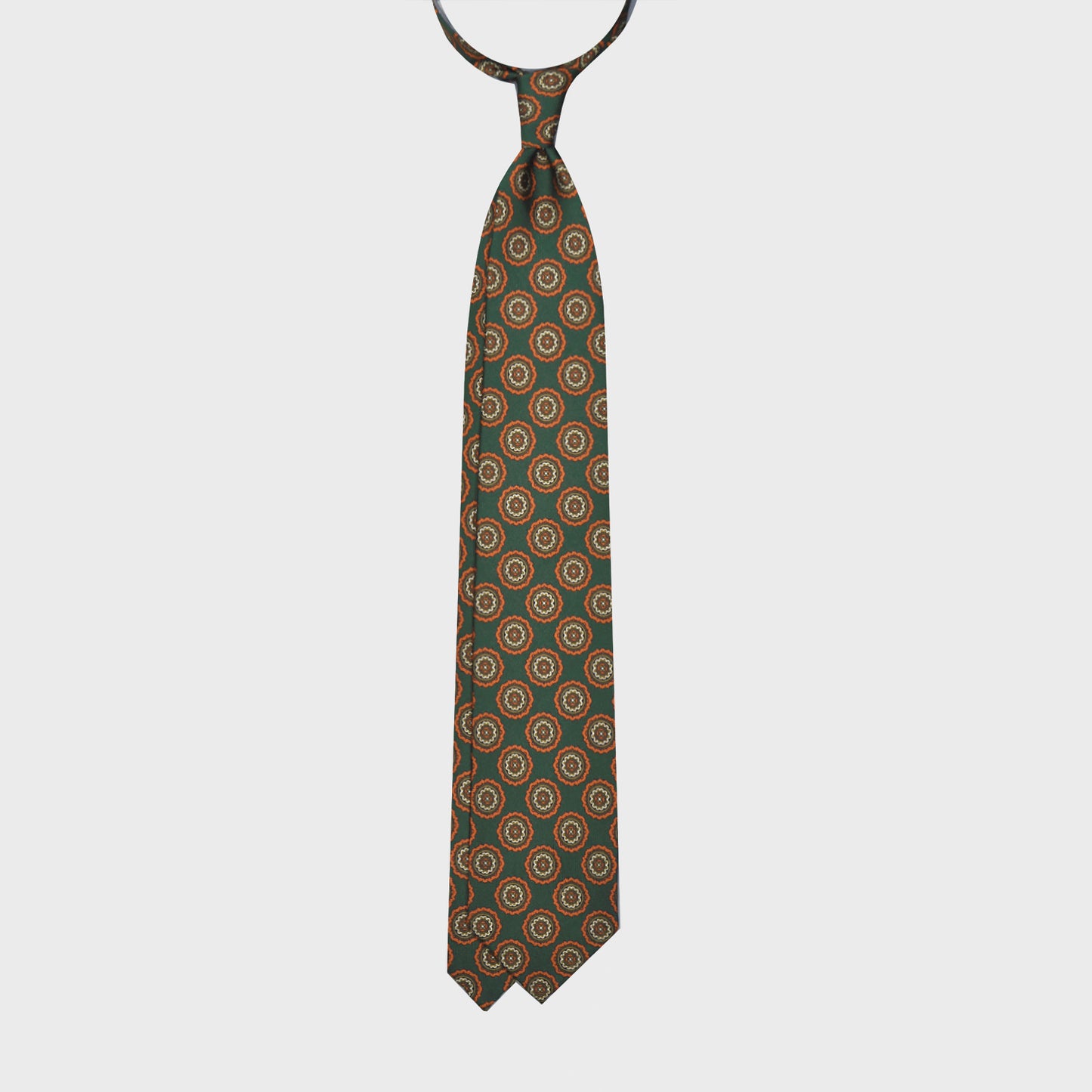 Load image into Gallery viewer, Green Medallions Silk Tie. Men&amp;#39;s green silk tie made with finest Italian silk soft to the touch, unlined tie 3 folds, refined medallions printed pattern olive green and orange, classic handmade tie F.Marino Napoli exclusive for Wools Boutique Uomo
