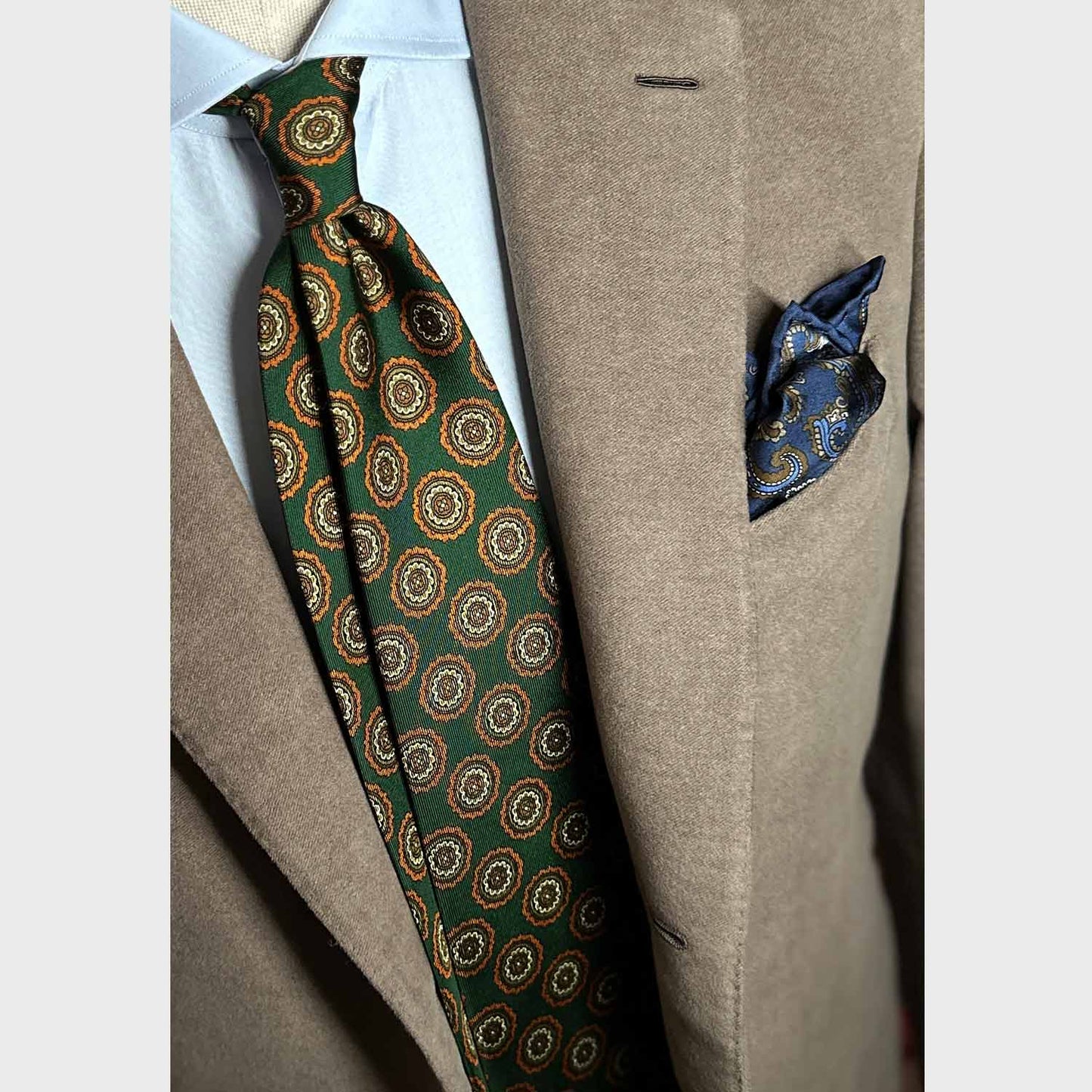 Men's green silk tie made with finest Italian silk soft to the touch, unlined tie 3 folds, refined medallions printed pattern olive green and orange, classic handmade tie F.Marino Napoli exclusive for Wools Boutique Uomo