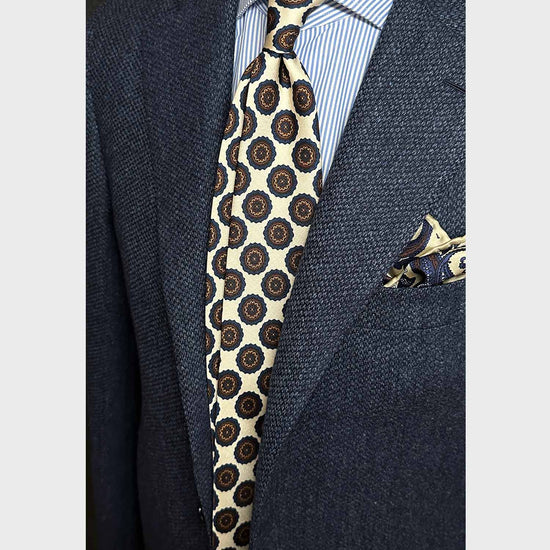White Medallions Silk Tie. Men's white silk tie made with finest Italian silk soft to the touch, unlined tie 3 folds, refined medallions printed pattern cobalt blue and brown, classic handmade tie F.Marino Napoli exclusive for Wools Boutique Uomo