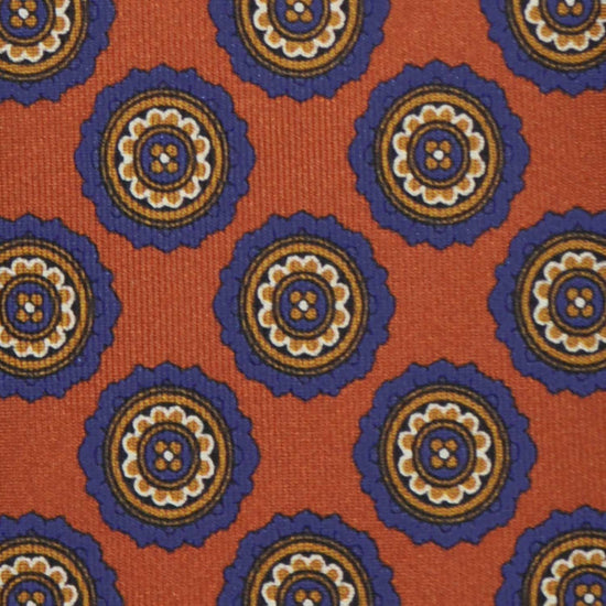 Orange Medallions Silk Tie. Men's orange silk tie made with finest Italian silk soft to the touch, unlined tie 3 folds, refined medallions printed pattern pervinca blue