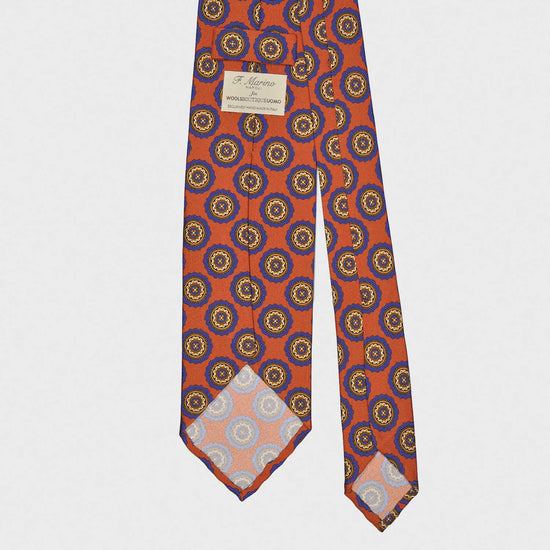 Load image into Gallery viewer, Orange Medallions Silk Tie. Men&amp;#39;s orange silk tie made with finest Italian silk soft to the touch, unlined tie 3 folds, refined medallions printed pattern pervinca blue
