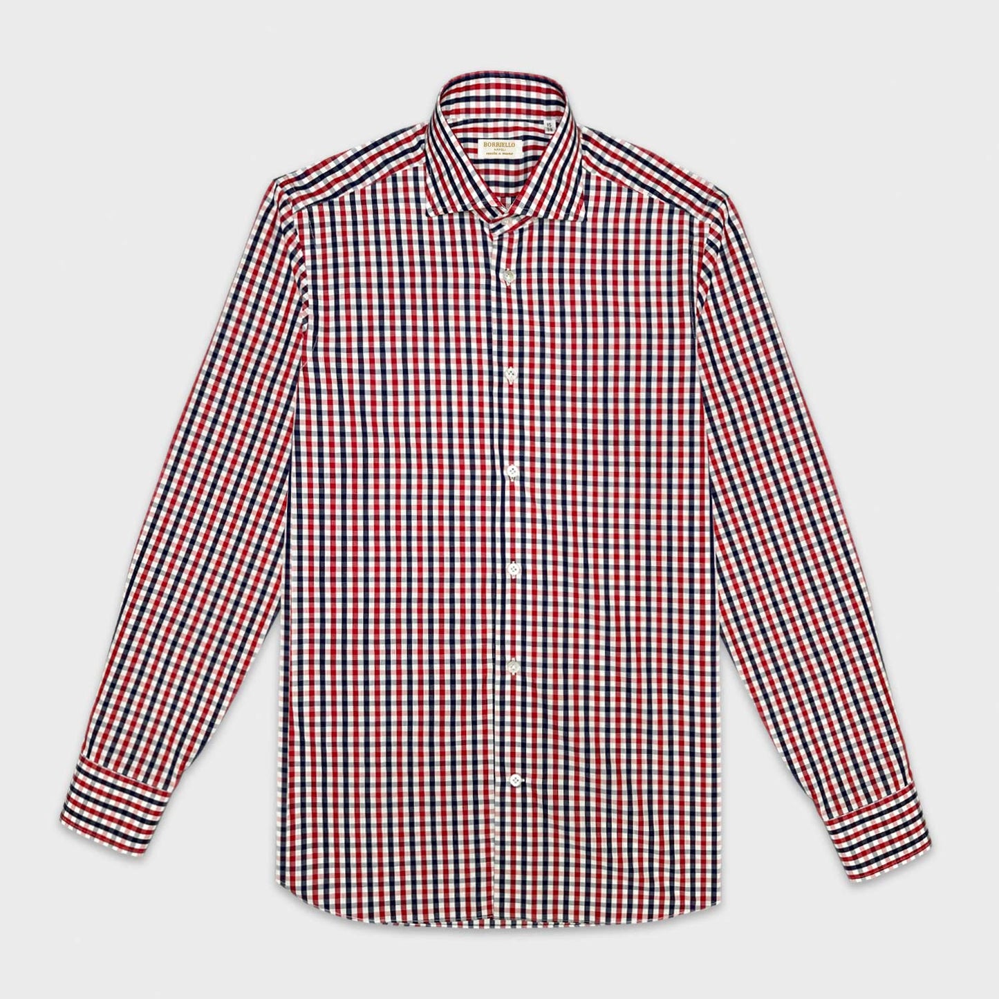 Load image into Gallery viewer, Red and blue checked shirt made with Thomas Mason fabric yarn-dyed in popeline cotton. Handmade shirt by Borriello Napoli exclusive for Wools Boutique Uomo, ideal both for the office or casual outfit with a bright appearance and a soft and smooth hand.
