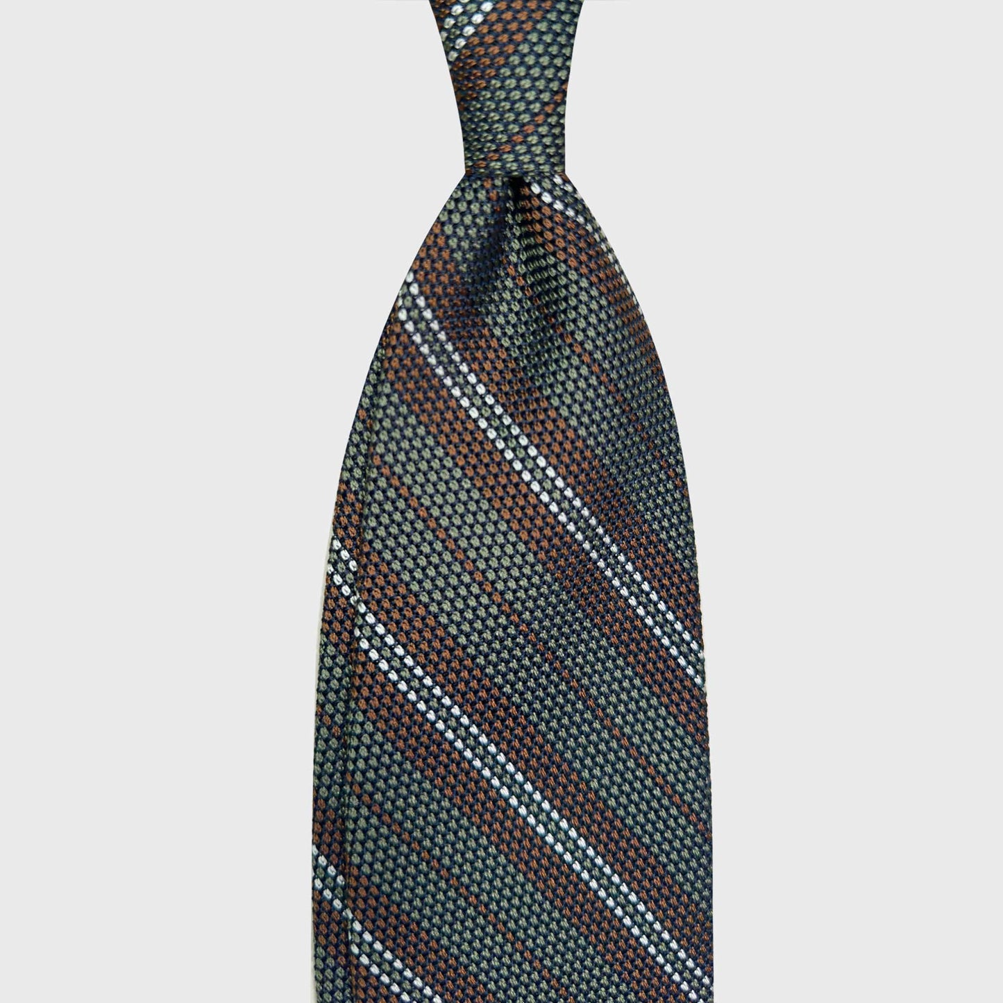 Army Green Regimental Multi Striped Silk Tie Grenadine Small Gauze. The best grenadine silk tie small gauze, army green background, bronze brown striped ties, Geneva men's multi striped ties store Wools Boutique Uomo