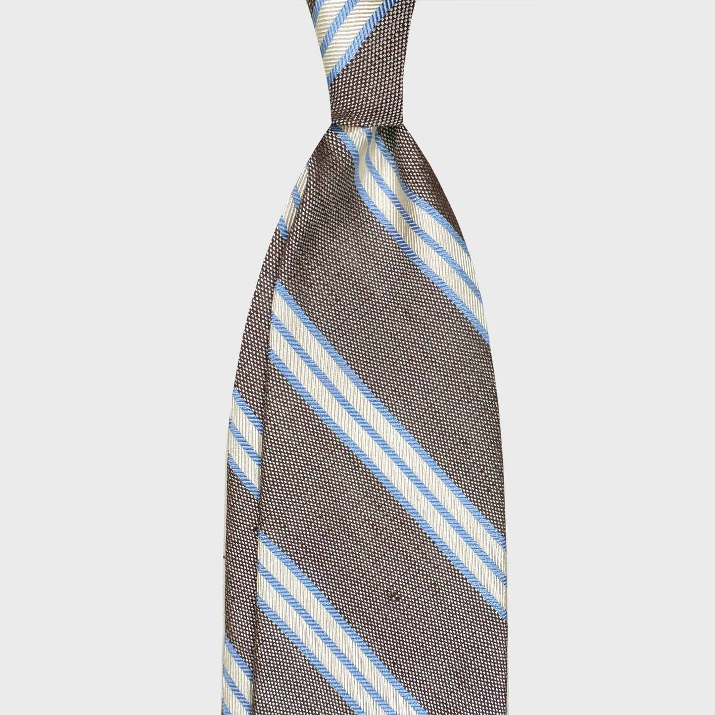 Tussah silk regimental tie coffee brown ivory light blue striped