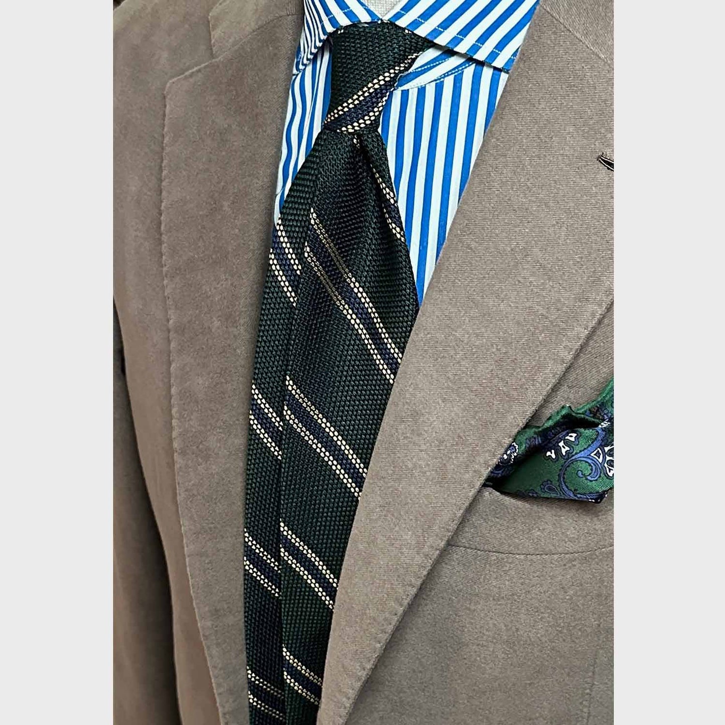 Emerald Green Striped Grenadine Silk Tie Garza Handmade in Italy. Classic regimental silk tie, F.Marino Napoli exclusive for Wools Boutique Uomo