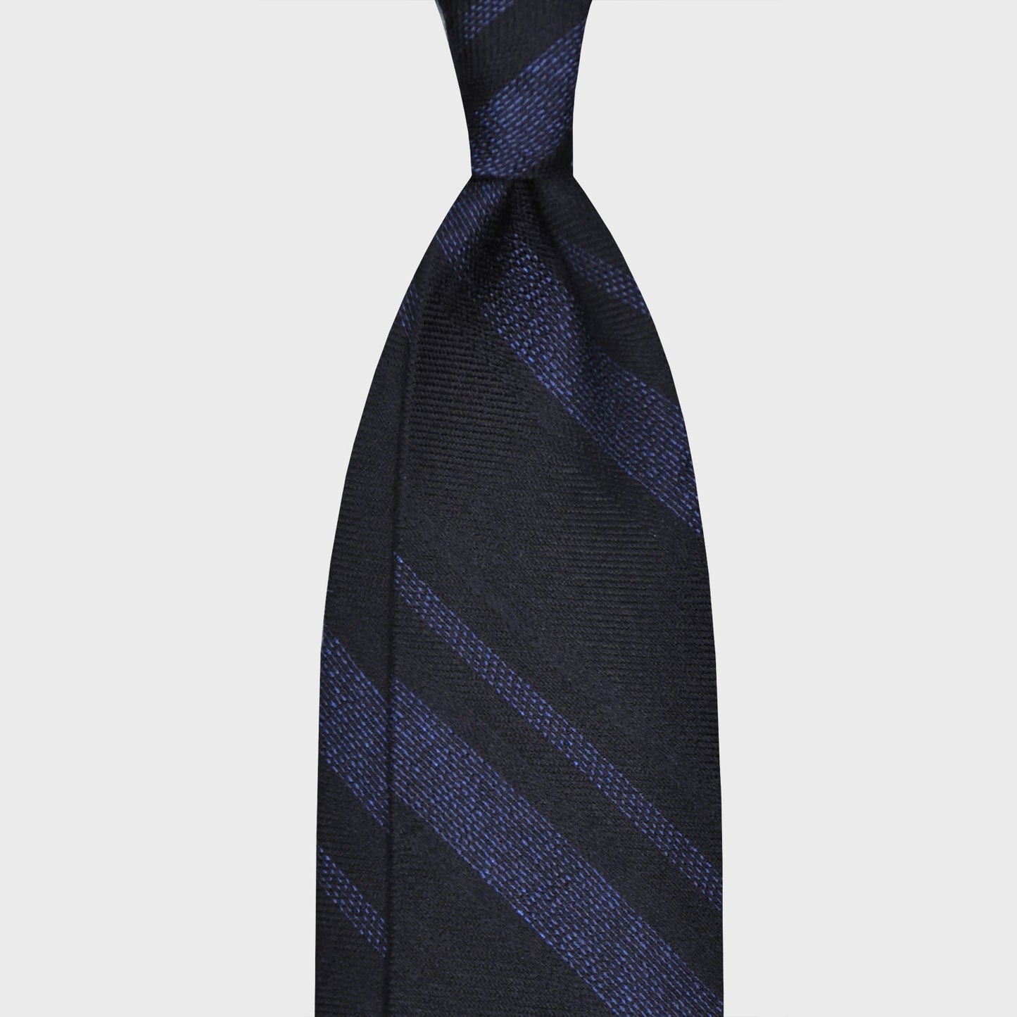 Load image into Gallery viewer, Navy Blue Silk Wool Striped Tie. Elegant regimental necktie made with silk and wool, hand rolled edge, unlined 3 folds, navy blue background with denim blue striped, F.Marino Napoli ties exclusive for Wools Boutique Uomo
