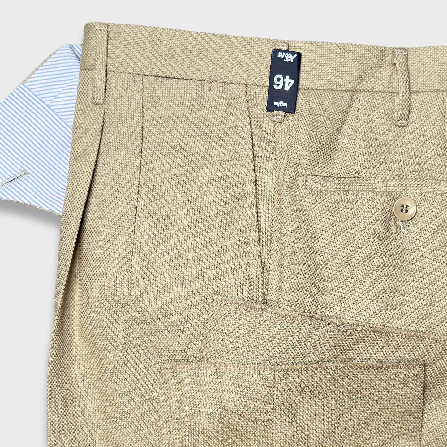 Detail of Rota Double Pleat Canvas Cotton Trousers in Honey Beige