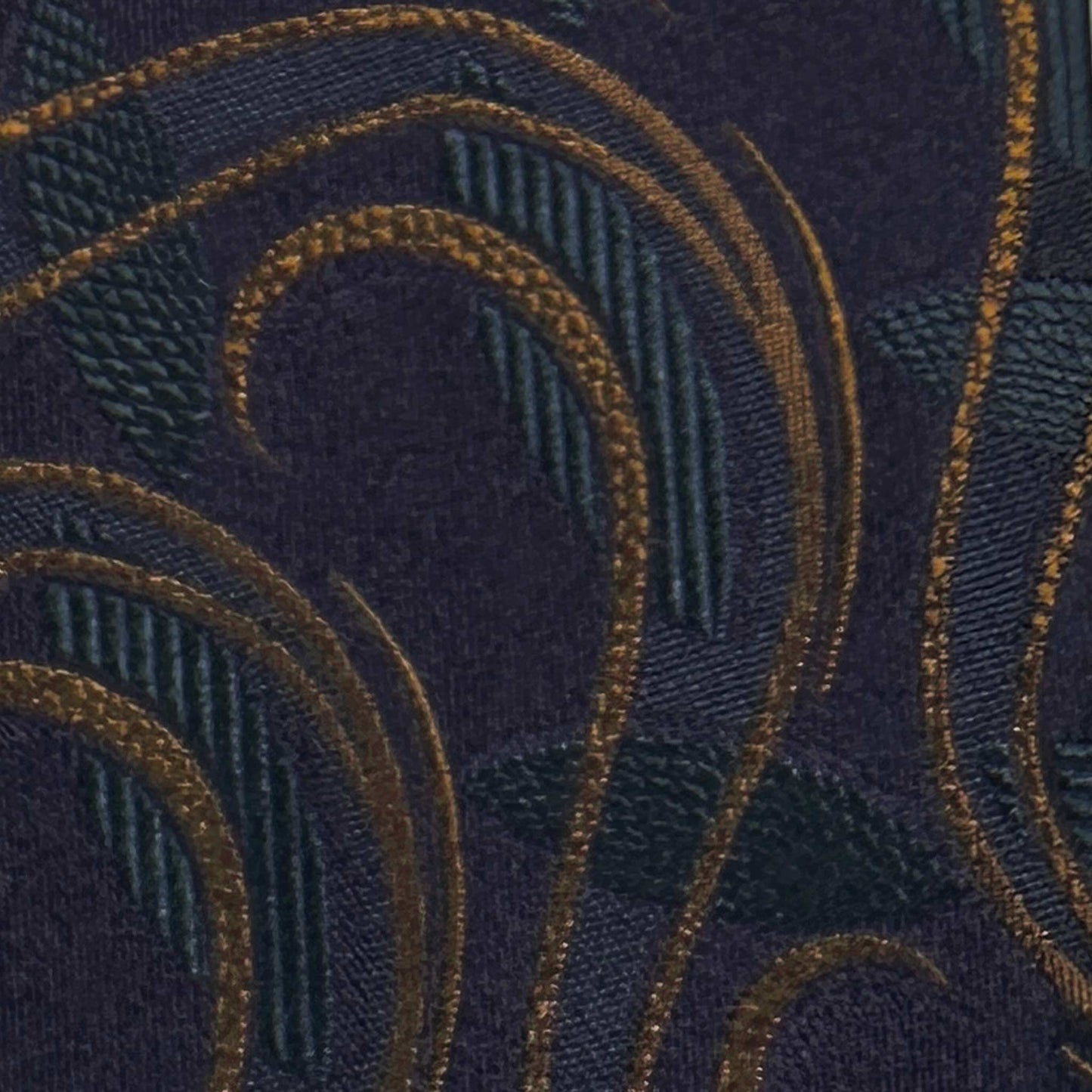 Details of Navy Blue Silk Tie Ornamental Art Nouveau Gold Teal