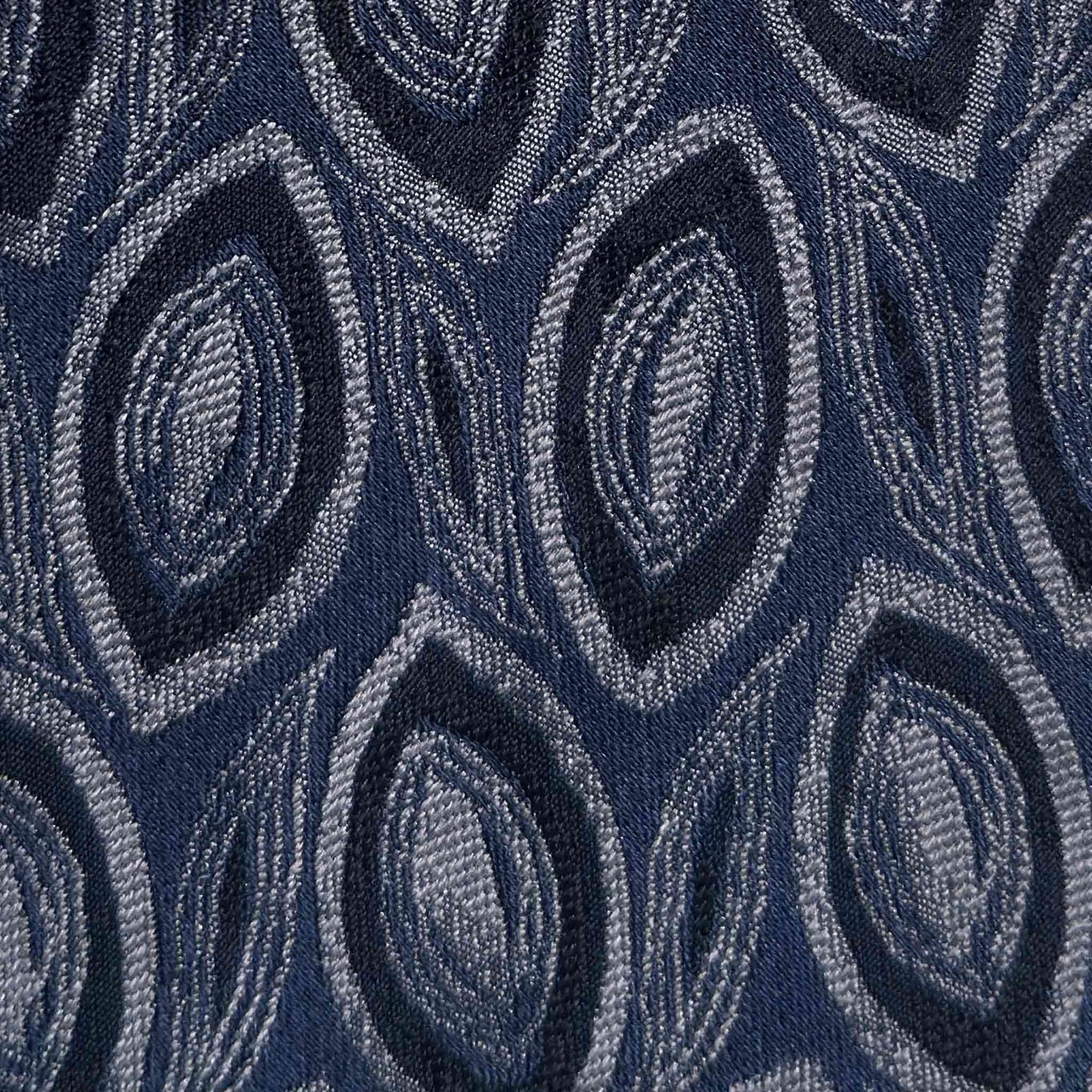 Details of Cerulean Blue Silk Tie Leaves Deco Pattern Silver Grey.