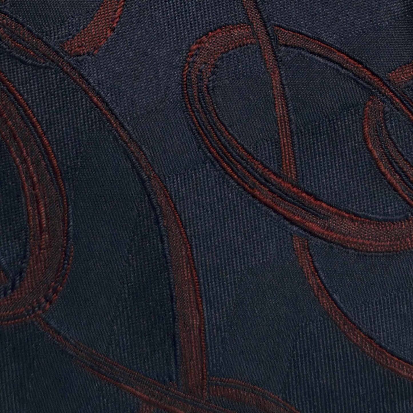 Details of Navy Blue Satin Silk Tie Graphic Art Nouveau Red. 