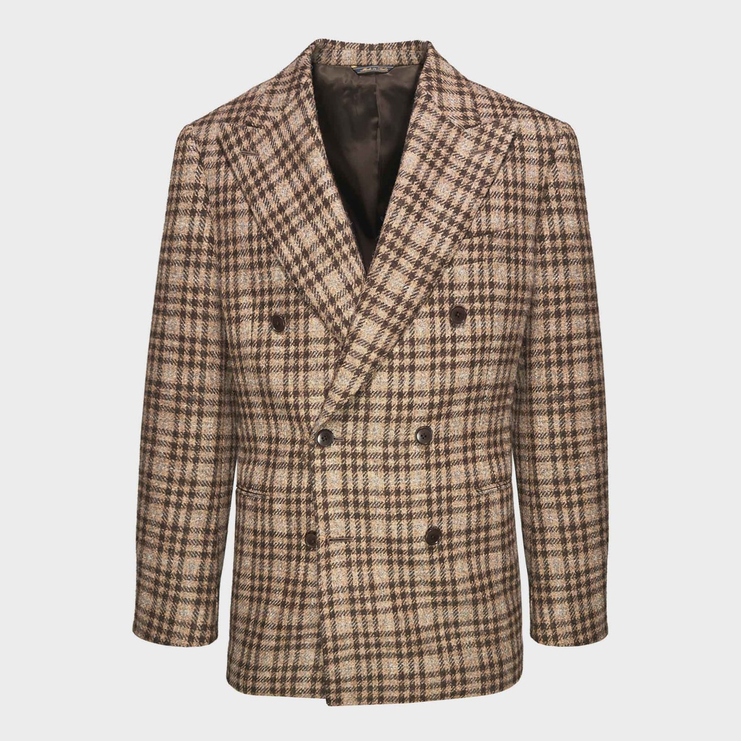 Brown Men's Tailoring Double Breasted Plaid Tweed Jacket Wool. For lovers of robust tweed fabrics with exclusive plaid patterns, plaid brown flannel wool 380gr from the Marling & Evans woolen mill, men's tweed jacket genève