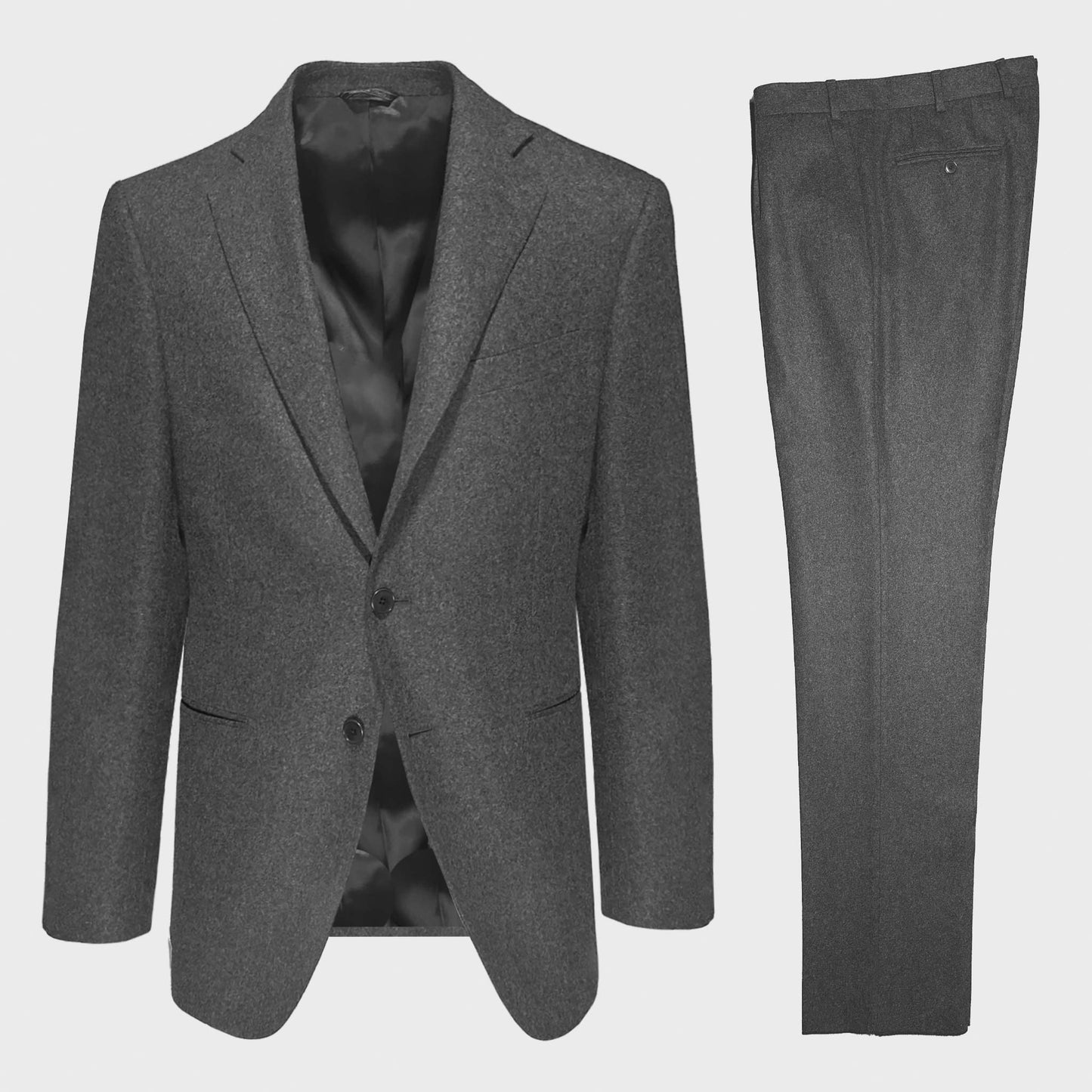 Men's Grey Tailoring Flannel Wool Suit Scuderi x Wools Boutique Uomo Geneva. Smoke gray color tailoring men's classic suit made in Italy, the fabric is selected by Wools Boutique Uomo from Marling&Evans woolen mill, mens suit shop geneve