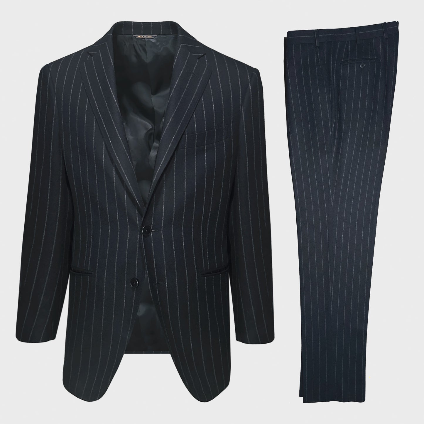 Men's Pinstripe Tailoring Wool Suit Scuderi x Wools Boutique Uomo. Dark navy blue color tailoring men's pinstripe wool suit made in Italy, the fabric is selected by Wools Boutique Uomo from Marling&Evans, shop mens suit genève