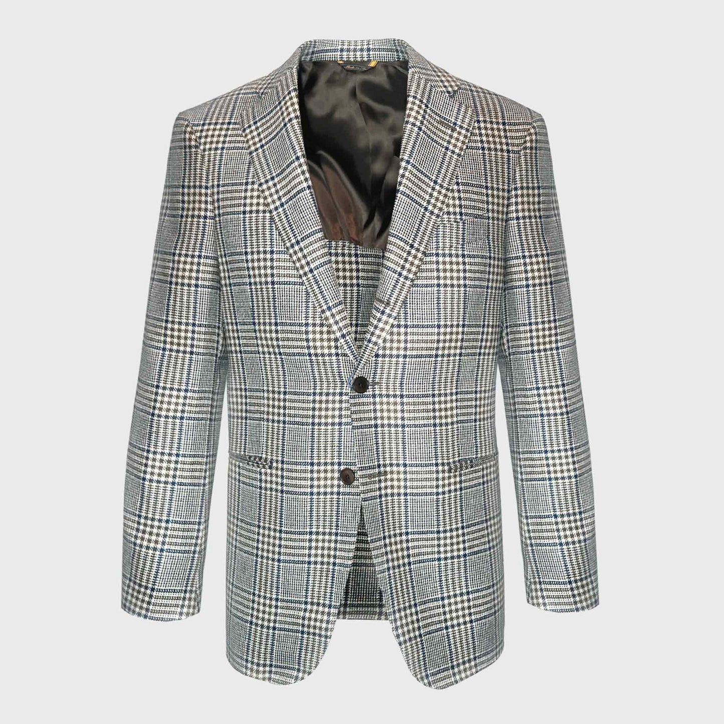 Denim Blue Prince of Wales Wool Silk Linen Tailoring Jacket. Exclusive Prince of Wales tailoring jacket in wool, silk and linen by Marling&Evans. A breathable spring summer jacket curated by Wools Boutique Uomo Geneva.