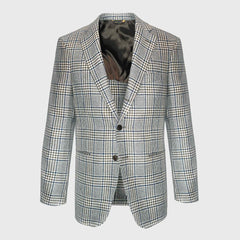 Scuderi Denim Blue Prince of Wales Wool Silk Linen Tailoring Jacket
