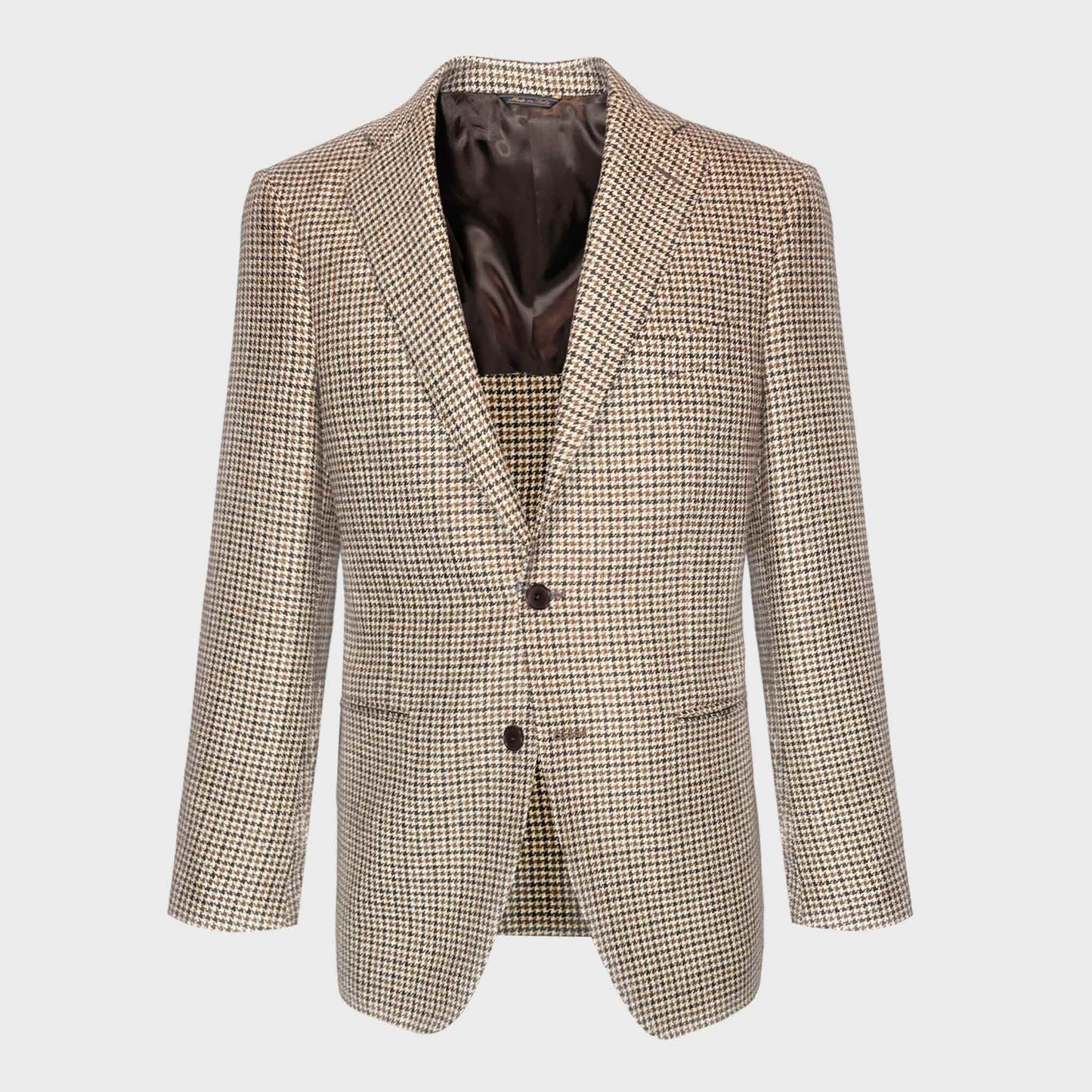 Beige Taupe Pied-de-Poule Wool Silk Linen Tailoring Jacket. Exclusive beige taupe pied-de-poule tailoring jacket made with wool, silk and linen Marling&Evans. A refined spring summer blazer with breathable texture and Italian sartorial elegance curated by Wools Boutique Uomo Geneva.