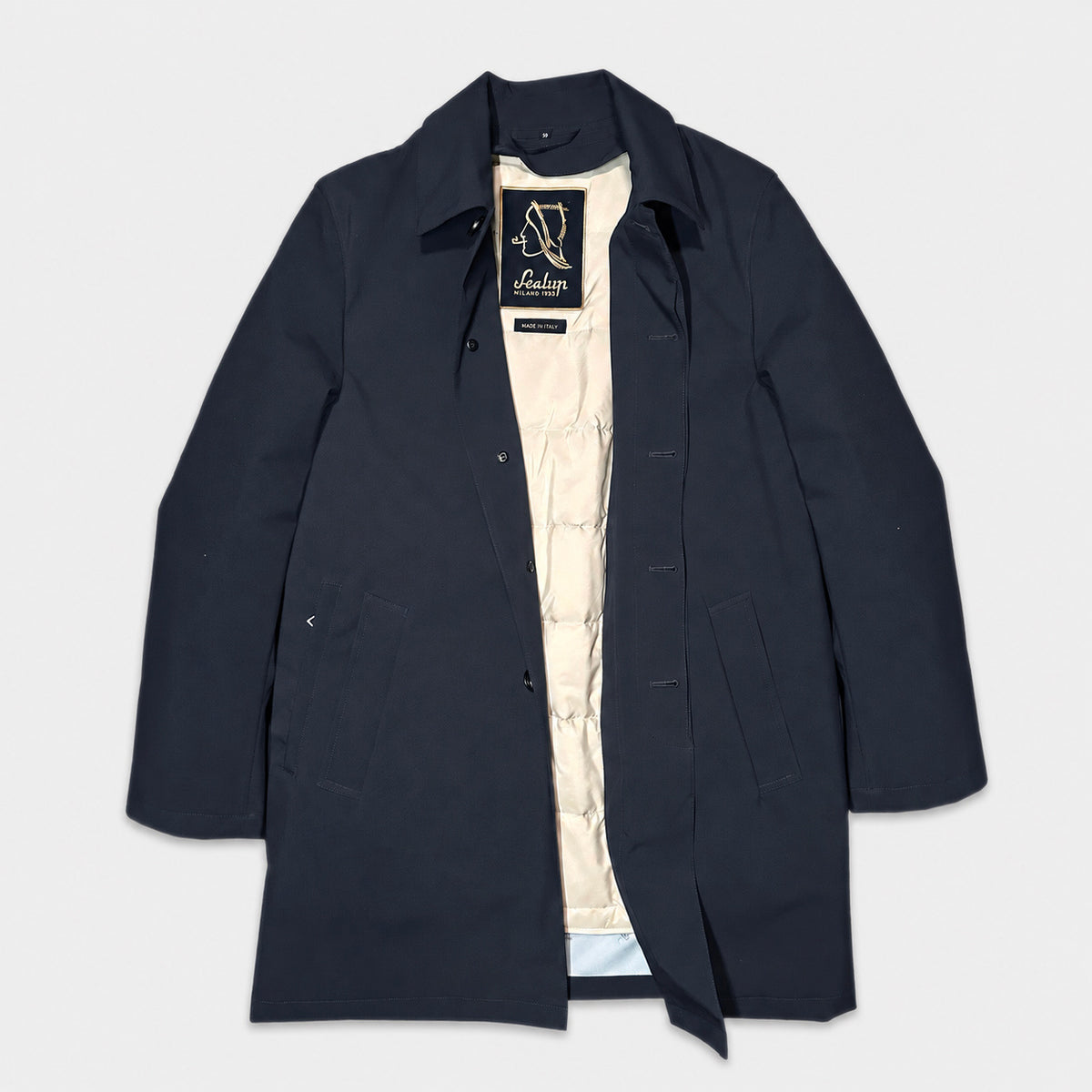 Sealup navy blue raincoat with removable ivory padded interior, open front view