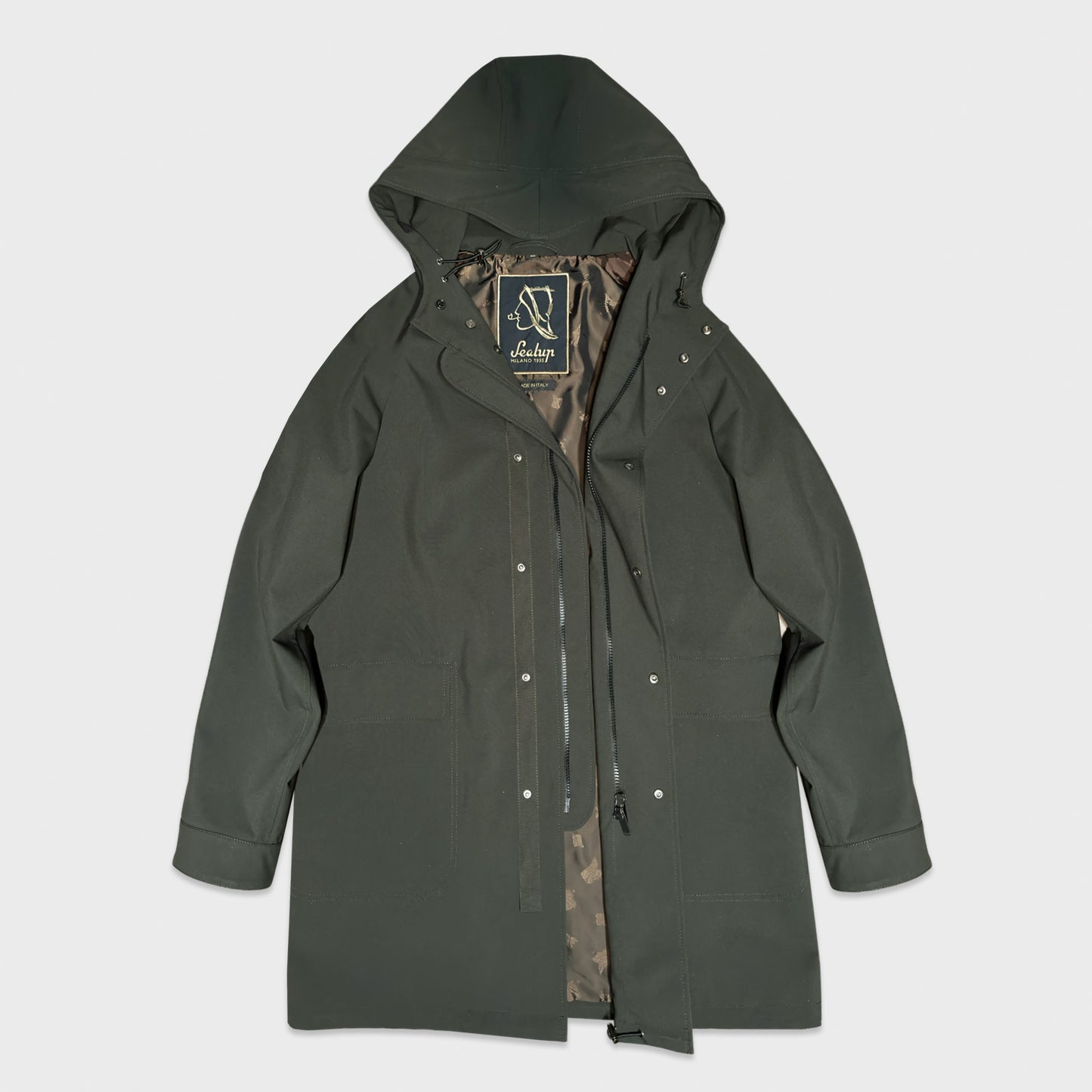 Sealup Hurricane Fabric Parka Loden Green. Sealup Hurricane Fabric Parka in elegant Loden Green. Italian made waterproof hooded coat designed for city life, travel and refined everyday outerwear.