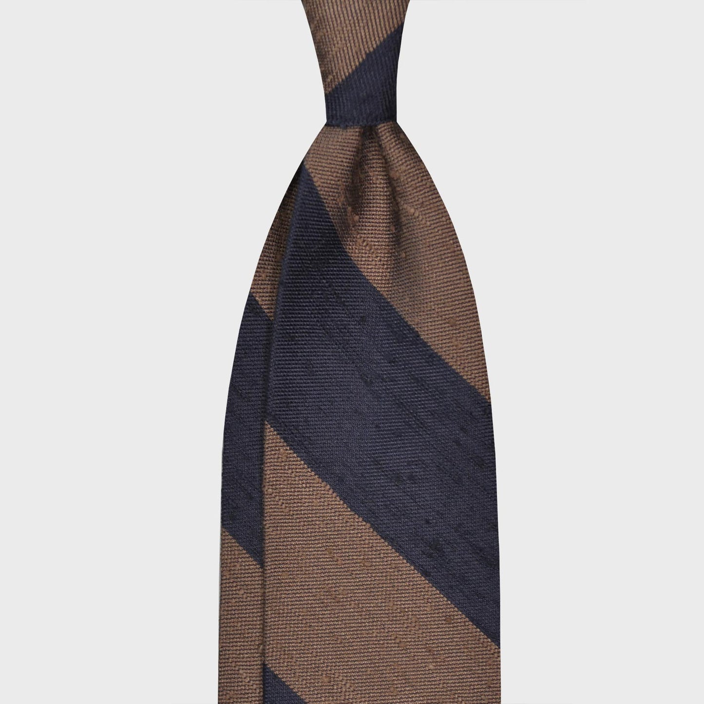 Load image into Gallery viewer, Dark Taupe Shantung Silk Tie Regimental Wide Striped. Formal shantung tie with wide striped navy blue and dark taupe, ideal for refined outfits four seasons, handmade in Italy by F.Marino exclusive for Wools Boutique Uomo, unlined tie 3 folds with hand rolled edge.
