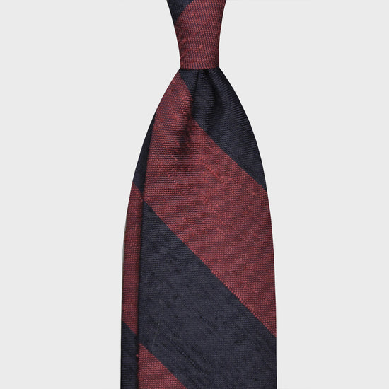 Burgundy Shantung Silk Tie Regimental Wide Striped. Classic shantung tie with wide striped navy blue and burgundy red, ideal for refined outfits four seasons, handmade in Italy by F.Marino exclusive for Wools Boutique Uomo, unlined tie 3 folds with hand rolled edge.