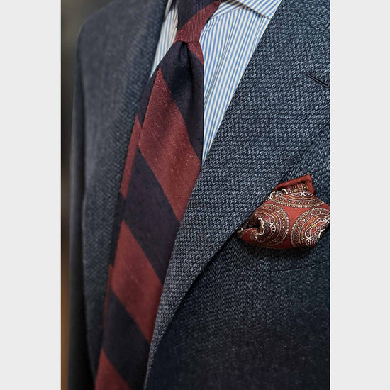 Load image into Gallery viewer, Burgundy Shantung Silk Tie Regimental Wide Striped. Classic shantung tie with wide striped navy blue and burgundy red
