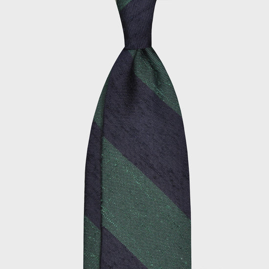 Green Shantung Silk Tie Regimental Wide Striped. Formal shantung tie with wide striped navy blue and pine green, ideal for refined outfits four seasons, handmade in Italy by F.Marino exclusive for Wools Boutique Uomo, unlined tie 3 folds with hand rolled edge.