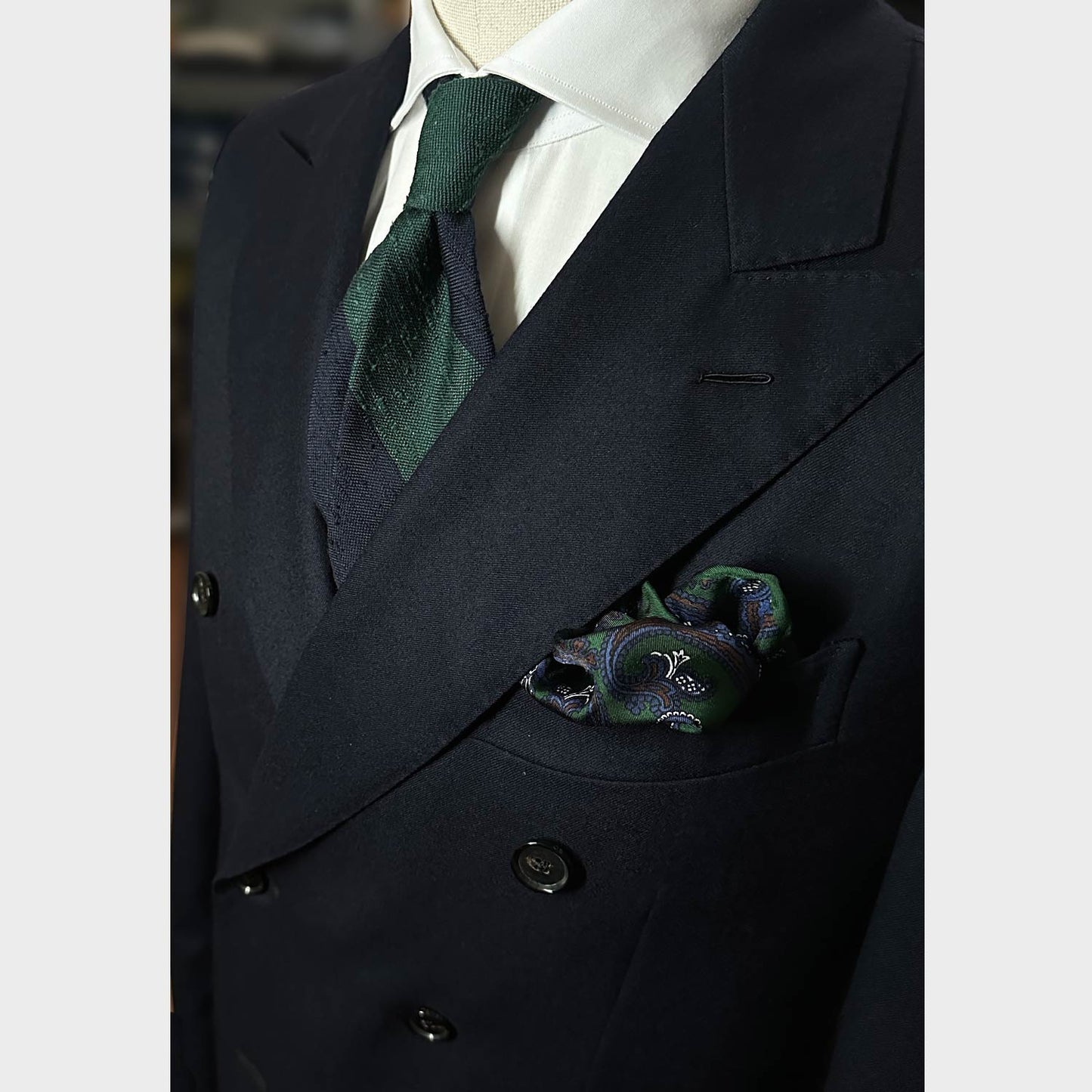 Formal shantung tie with wide striped navy blue and pine green, ideal for refined outfits four seasons, handmade in Italy by F.Marino exclusive for Wools Boutique Uomo, unlined tie 3 folds with hand rolled edge.