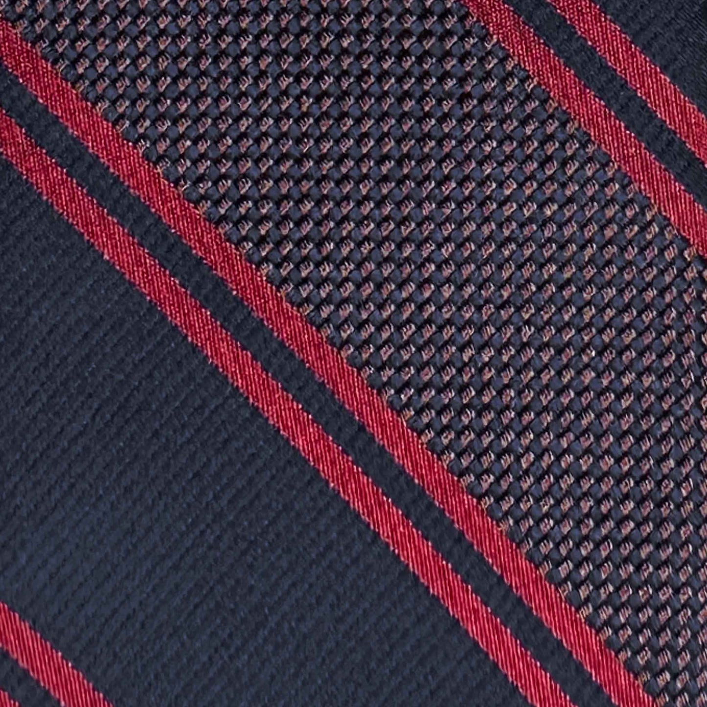 navy blue coffee brown red regimental silk tie texture detail