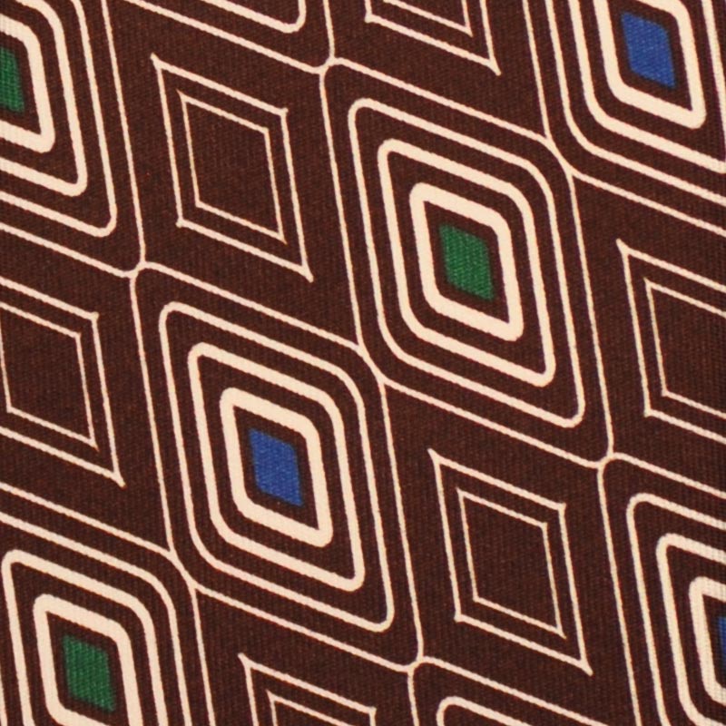 Details of Brown Silk Tie Art Deco Rhombus Pattern Cobalt Blue Green