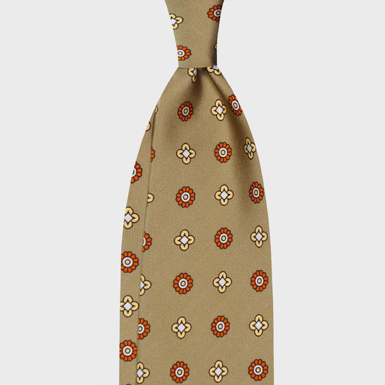 Dark Sand Silk Tie Classic Diamonds Pattern. Elegant silk tie, dark sand background with orange and light yellow micro diamonds pattern, unlined 3 folds, handmade tie F.Marino Napoli for Wools Boutique Uomo