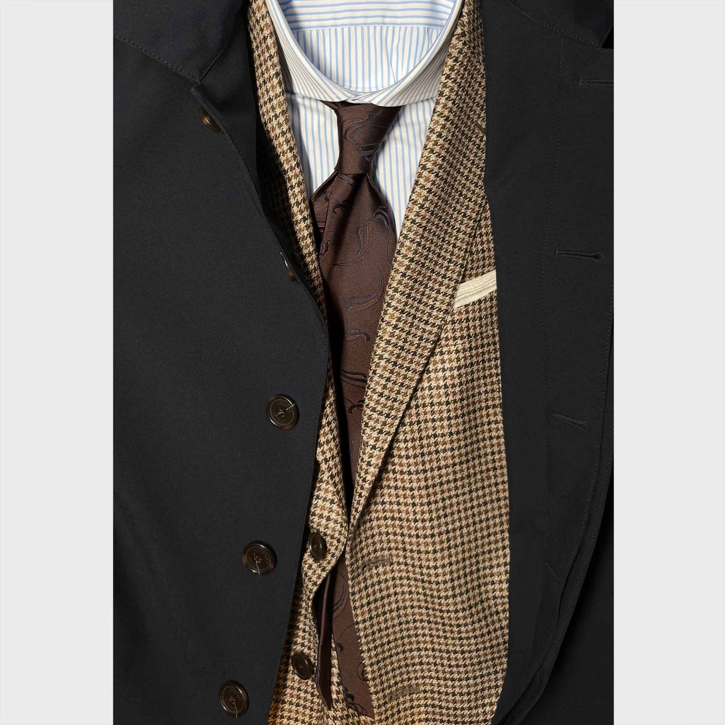 Elegant men's outfit with Art Nouveau Micro Wave Pattern Silk Tie Coffee Brown.