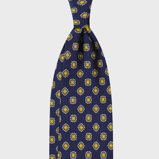 Navy Blue Silk Tie Formal Diamonds Pattern. Classic silk tie, navy blue background with yellow and grey classic diamonds pattern, unlined 3 folds, handmade tie F.Marino Napoli for Wools Boutique Uomo