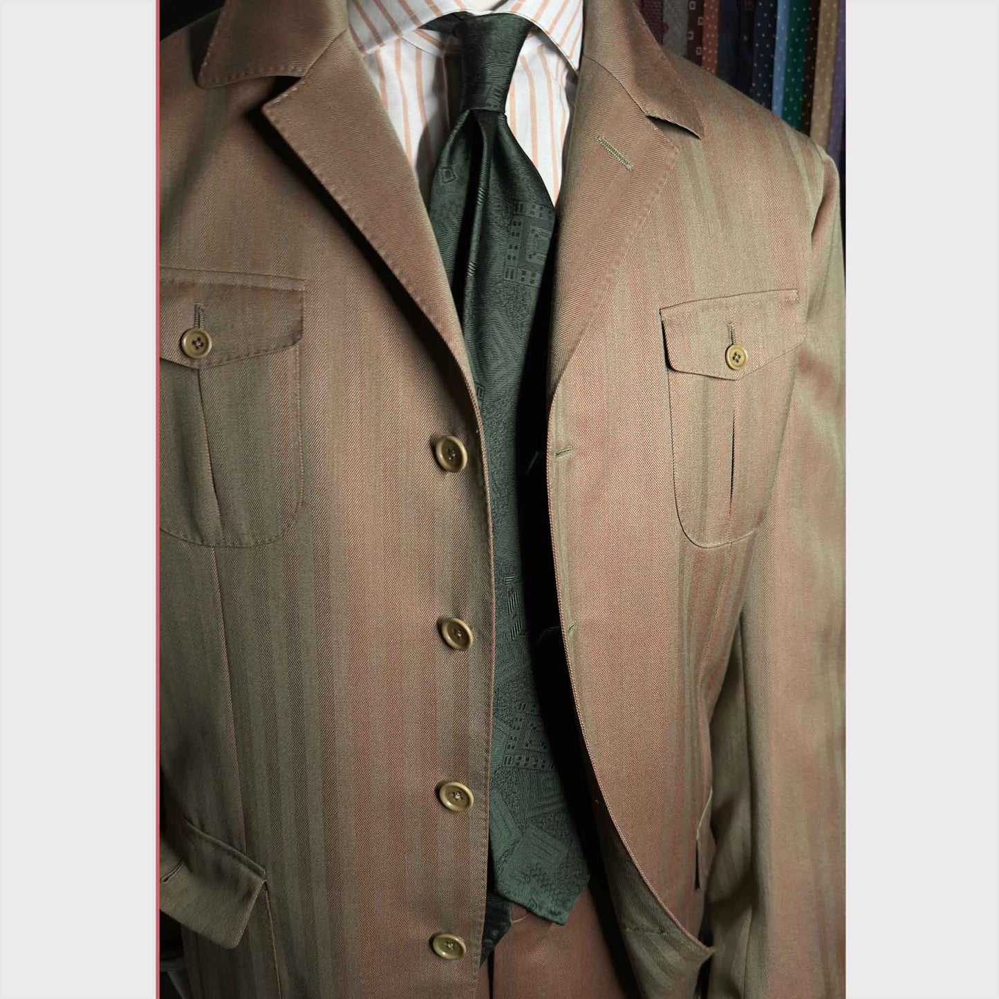 Outfit with Silk Tie Architectural Geometric Pattern Forest Green