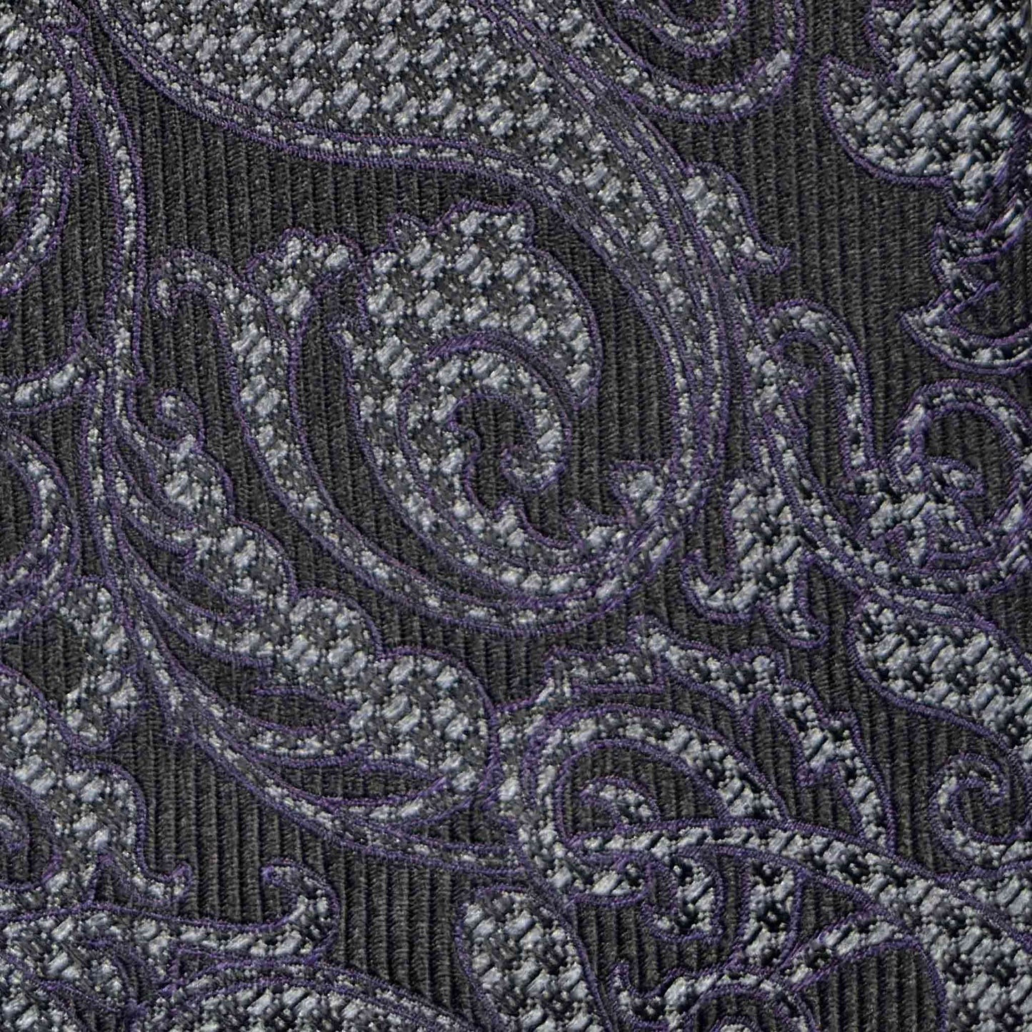Ornamental paisley silk tie silver grey and violet detail