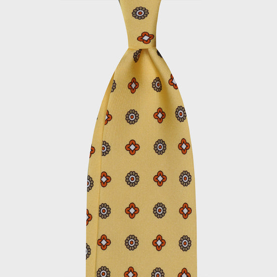 Honey Yellow Silk Tie Classic Diamonds Pattern. Elegant silk tie, honey yellow background with clay brown and orange micro diamonds pattern, unlined 3 folds, handmade tie F.Marino Napoli for Wools Boutique Uomo