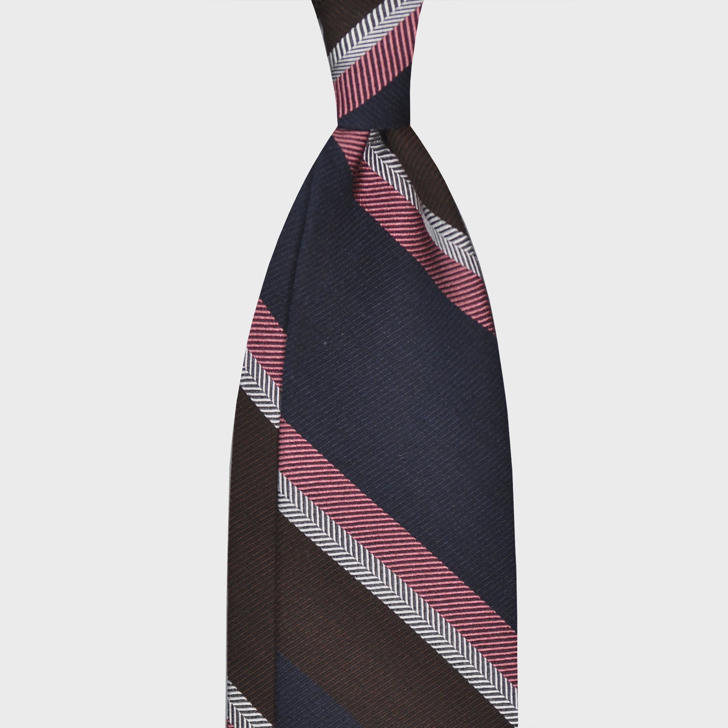 Coffee Brown Silk Wool Striped Tie. Elegant regimental necktie made with silk and wool, hand rolled edge, unlined 3 folds, coffee brown and navy blue blocks with pink and silver striped, F.Marino Napoli ties exclusive for Wools Boutique Uomo
