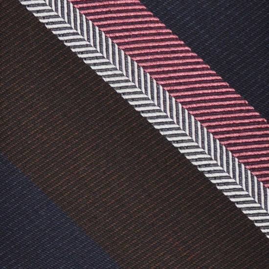 Elegant regimental necktie made with silk and wool, hand rolled edge, unlined 3 folds, coffee brown and navy blue blocks with pink and silver striped, F.Marino Napoli ties exclusive for Wools Boutique Uomo