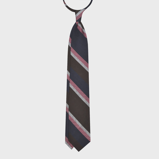 Elegant regimental necktie made with silk and wool, hand rolled edge, unlined 3 folds, coffee brown and navy blue blocks with pink and silver striped, F.Marino Napoli ties exclusive for Wools Boutique Uomo