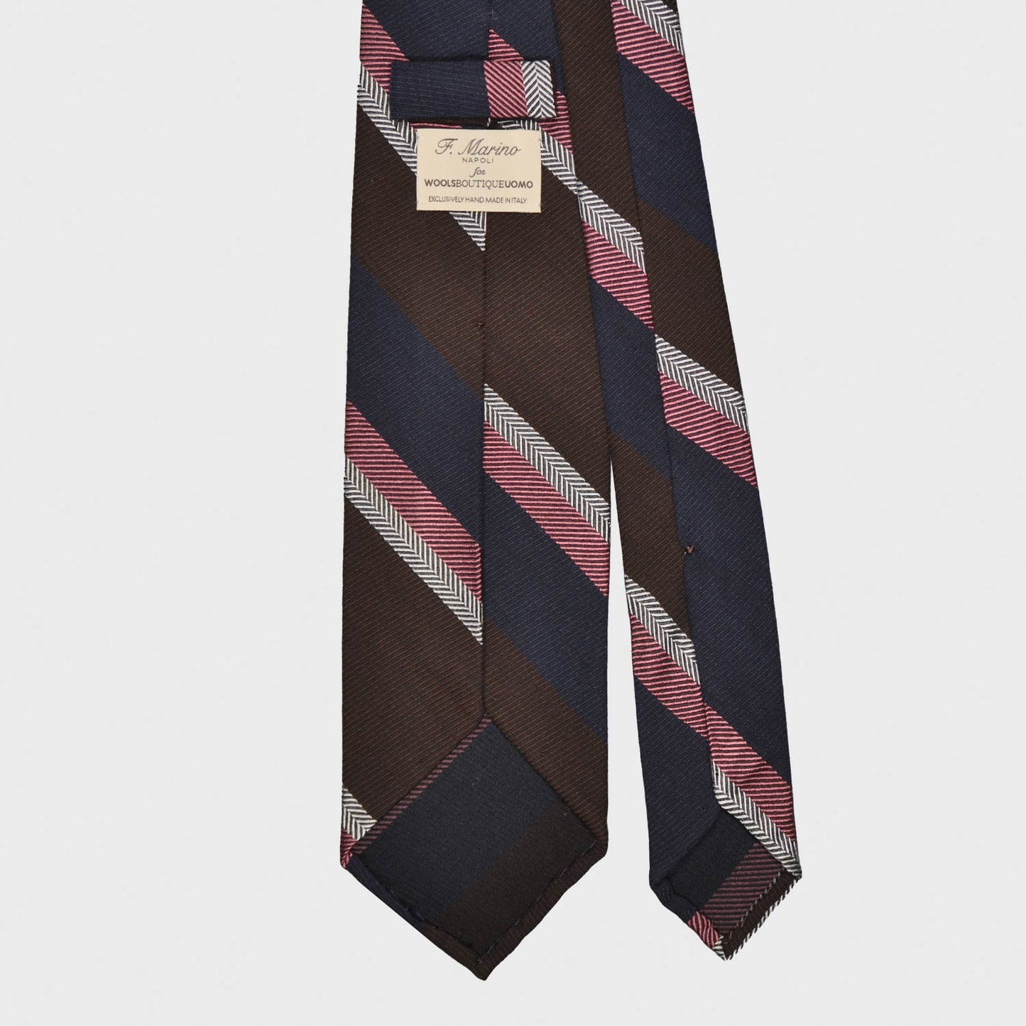 Load image into Gallery viewer, Elegant regimental necktie made with silk and wool, hand rolled edge, unlined 3 folds, coffee brown and navy blue blocks with pink and silver striped, F.Marino Napoli ties exclusive for Wools Boutique Uomo
